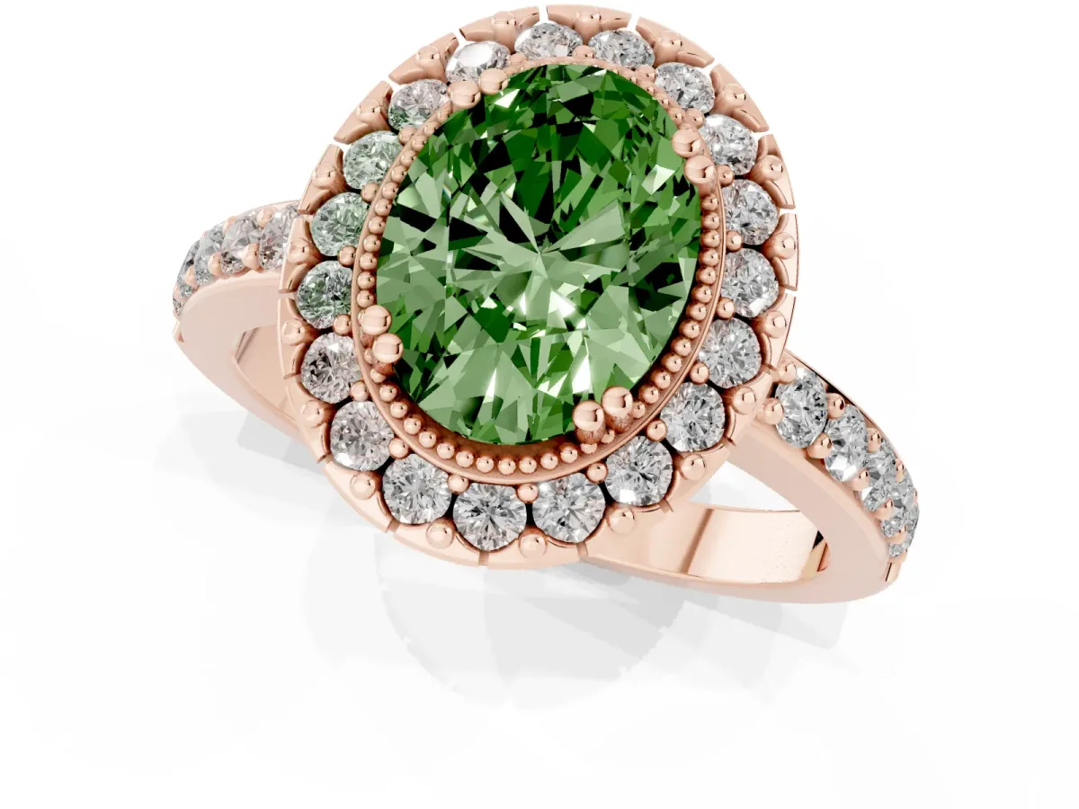 Fancy Green Oval Cut Diamond Halo Ring with Pavé Band and Prong Setting Rose gold