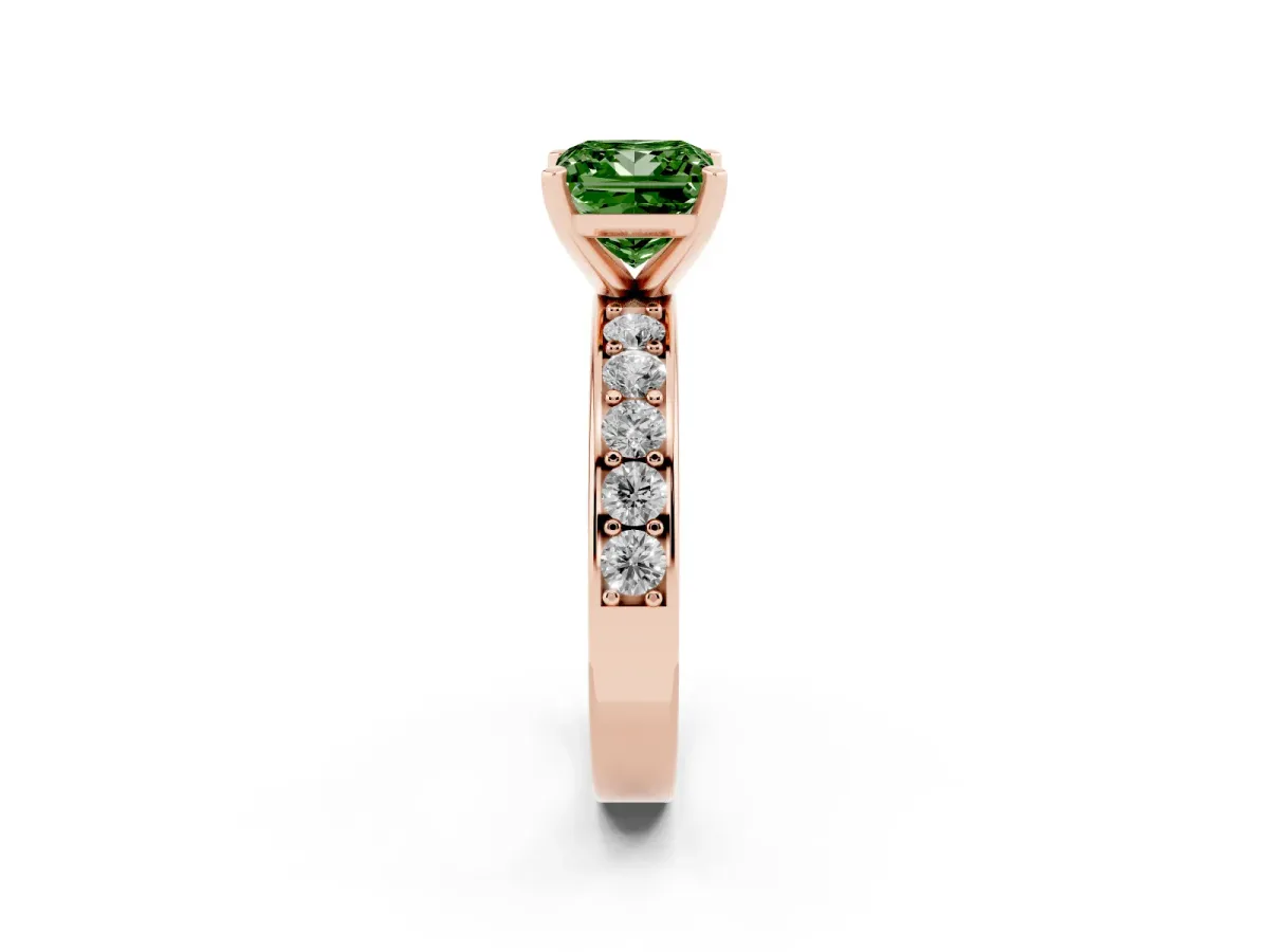 Fancy Green Princess Cut Diamond Engagement Ring with Channel Set Round Band and Prong Setting Rose gold
