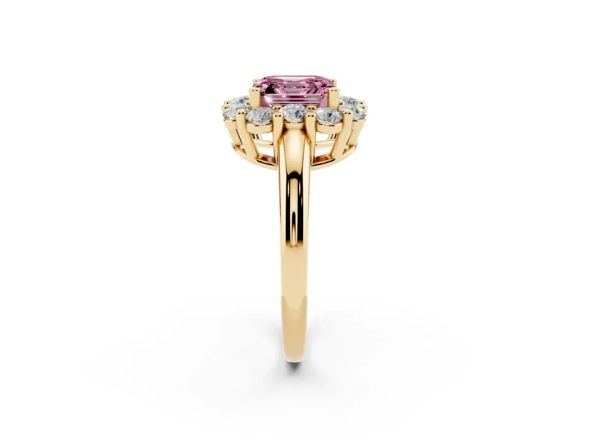 Fancy Pink Asscher Cut Halo Cluster Diamond Engagement Ring with Prong Setting and Polished Band Yellow gold