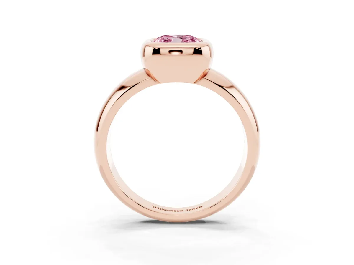 Fancy Pink Bezel Set Cushion Cut Solitaire Ring with Wide Band Rose gold