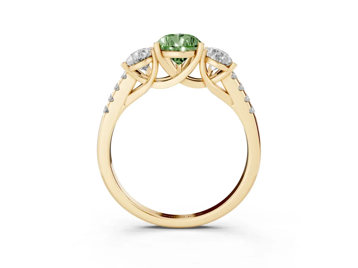 Fancy Green Three-Stone Pear Cut Diamond Ring with Round Pavé Band and Prong Setting Yellow gold