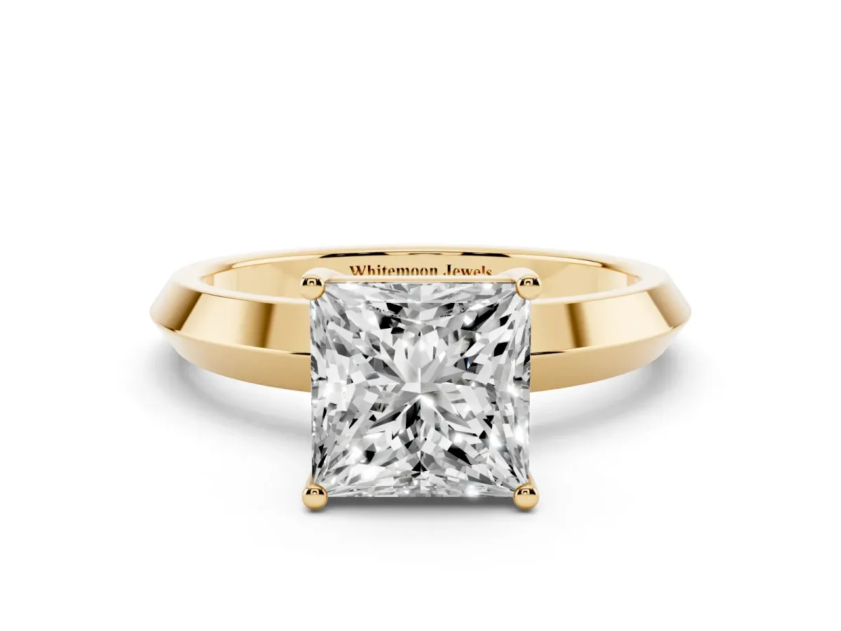 Princess Cut Cut Solitaire Engagement Ring with Flat Band and Four-Prong Setting Yellow gold