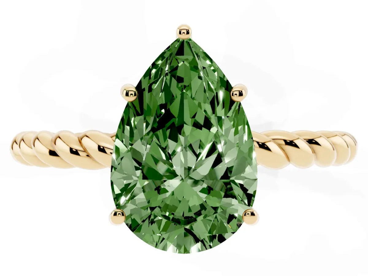 Fancy Green Pear Cut Solitaire Twist Band Ring with Four-Prong Setting Yellow gold