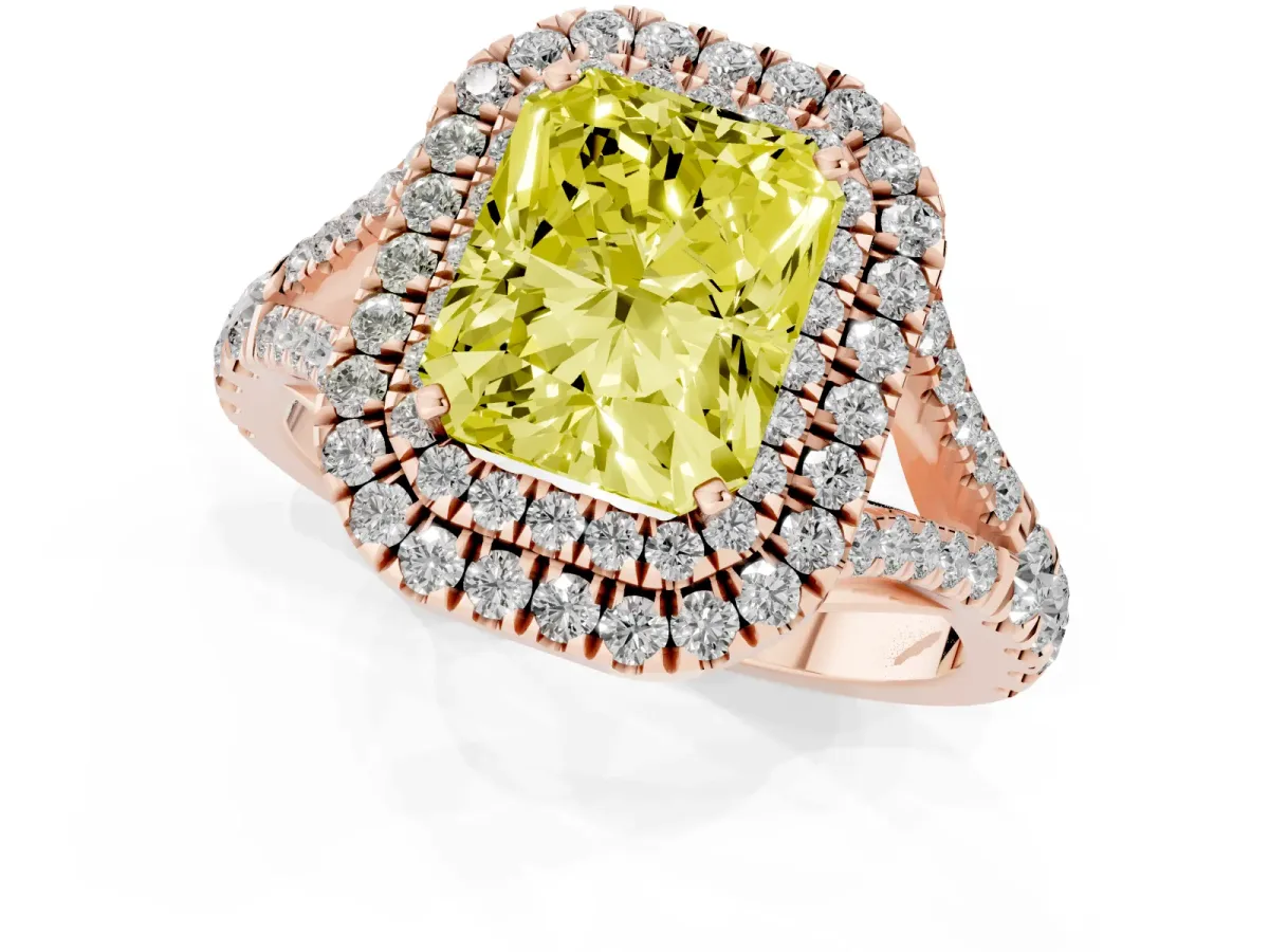 Fancy Yellow Radiant Cut Cut Double Halo Split Shank Diamond Ring with Prong Setting Rose gold