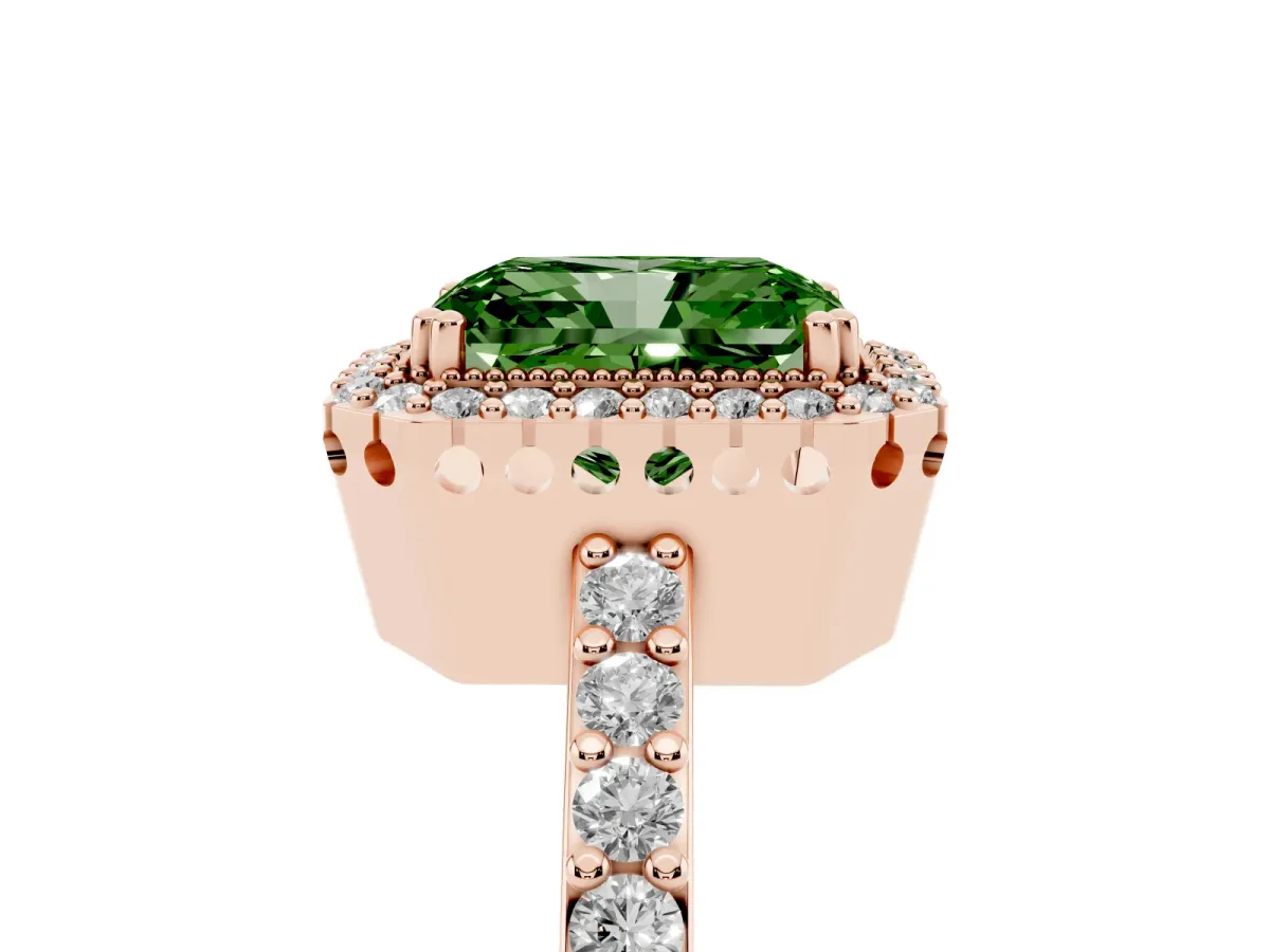 Fancy Green Radiant Cut Cut Diamond Halo Engagement Ring with Milgrain Detail and Pavé Band Rose gold