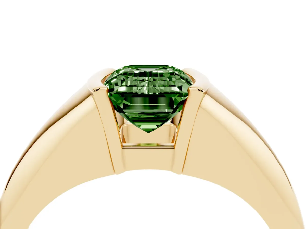 Fancy Green Emerald Cut Solitaire Tension Set Diamond Ring Yellow gold