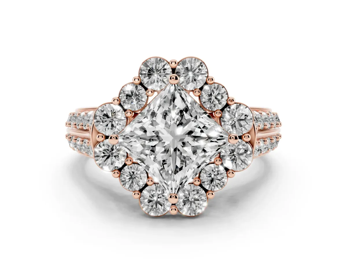 Princess Cut Halo Diamond Engagement Ring with Split Shank and Prong Setting Rose gold