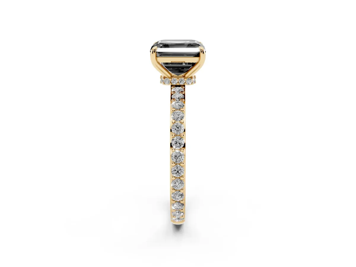 Fancy Black Asscher Cut Diamond Solitaire Engagement Ring with Pavé Band and Four-Prong Setting Yellow gold