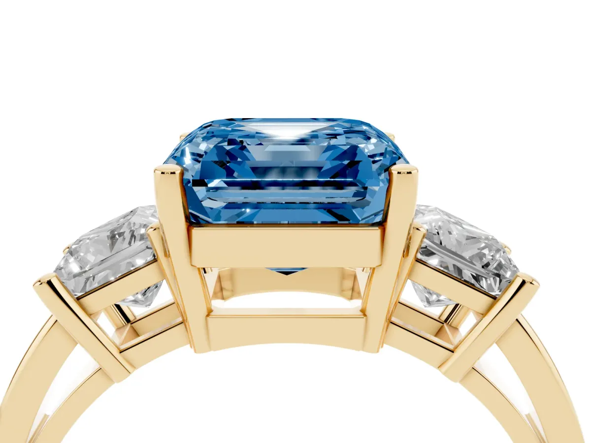 Fancy Blue Three-Stone Asscher Cut Cut Solitaire Ring with Prong Setting Yellow gold