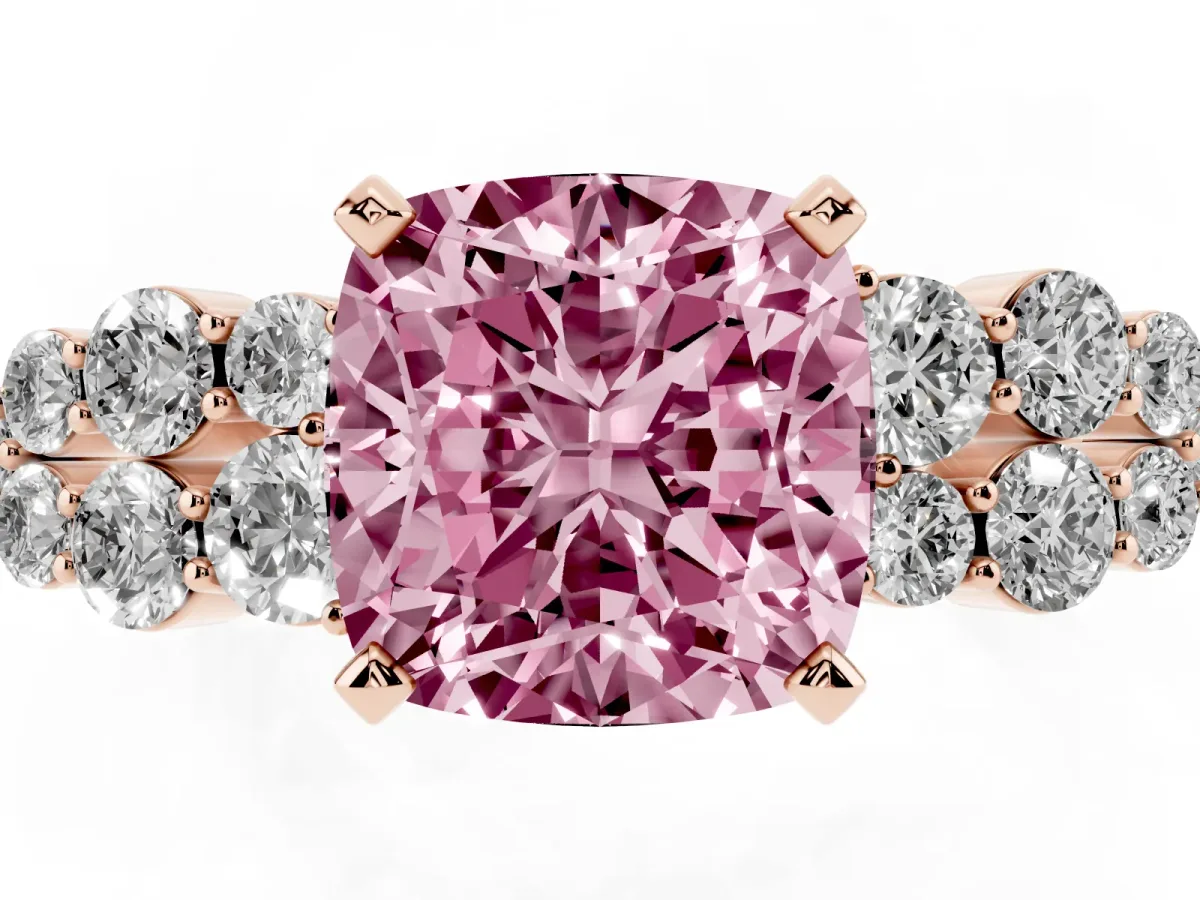 Fancy Pink Cushion Cut Cluster Diamond Engagement Ring with Pavé Band and Four-Prong Setting Rose gold