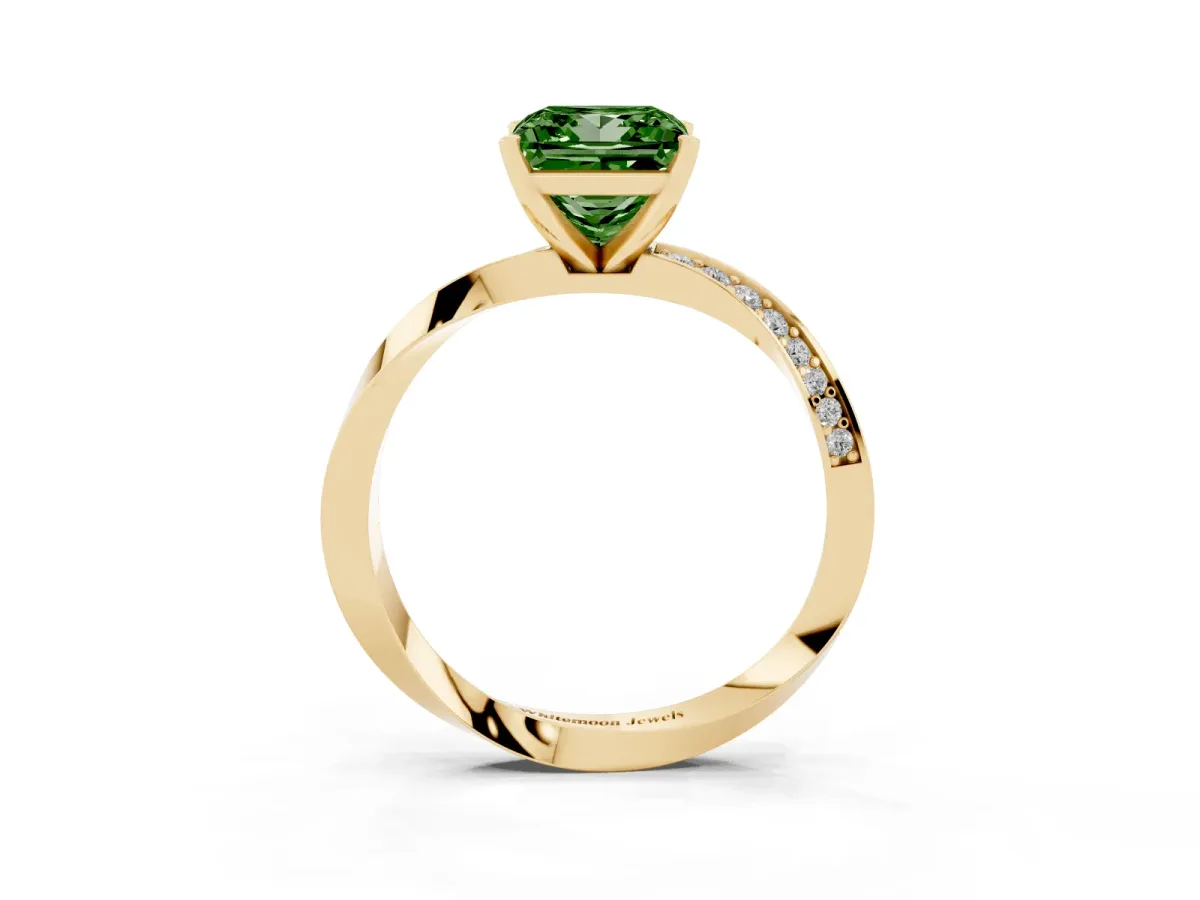 Fancy Green Princess Cut Diamond Engagement Ring with Side Stone Accents and Four-Prong Setting Yellow gold