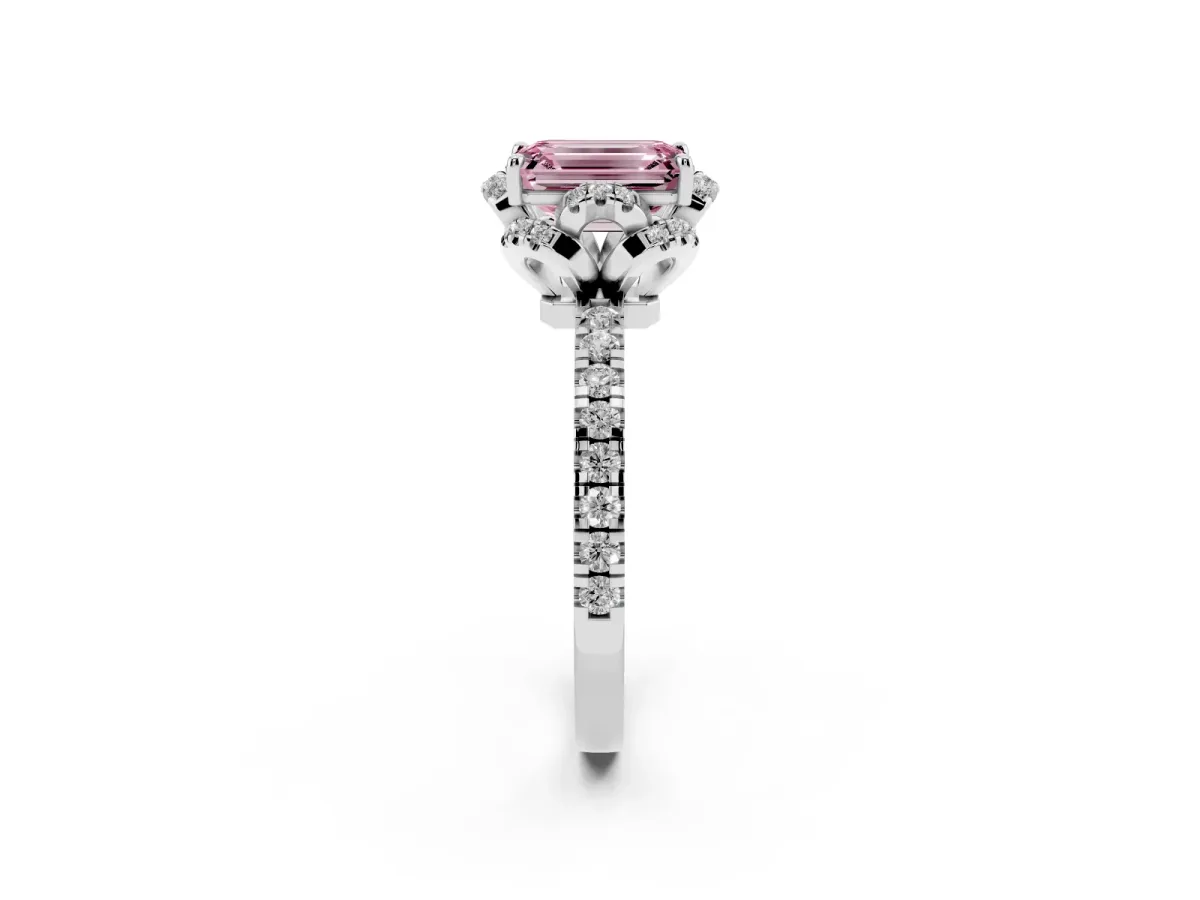 Fancy Pink Emerald Cut Diamond Halo Pave Band with Four-Prong Setting Silver