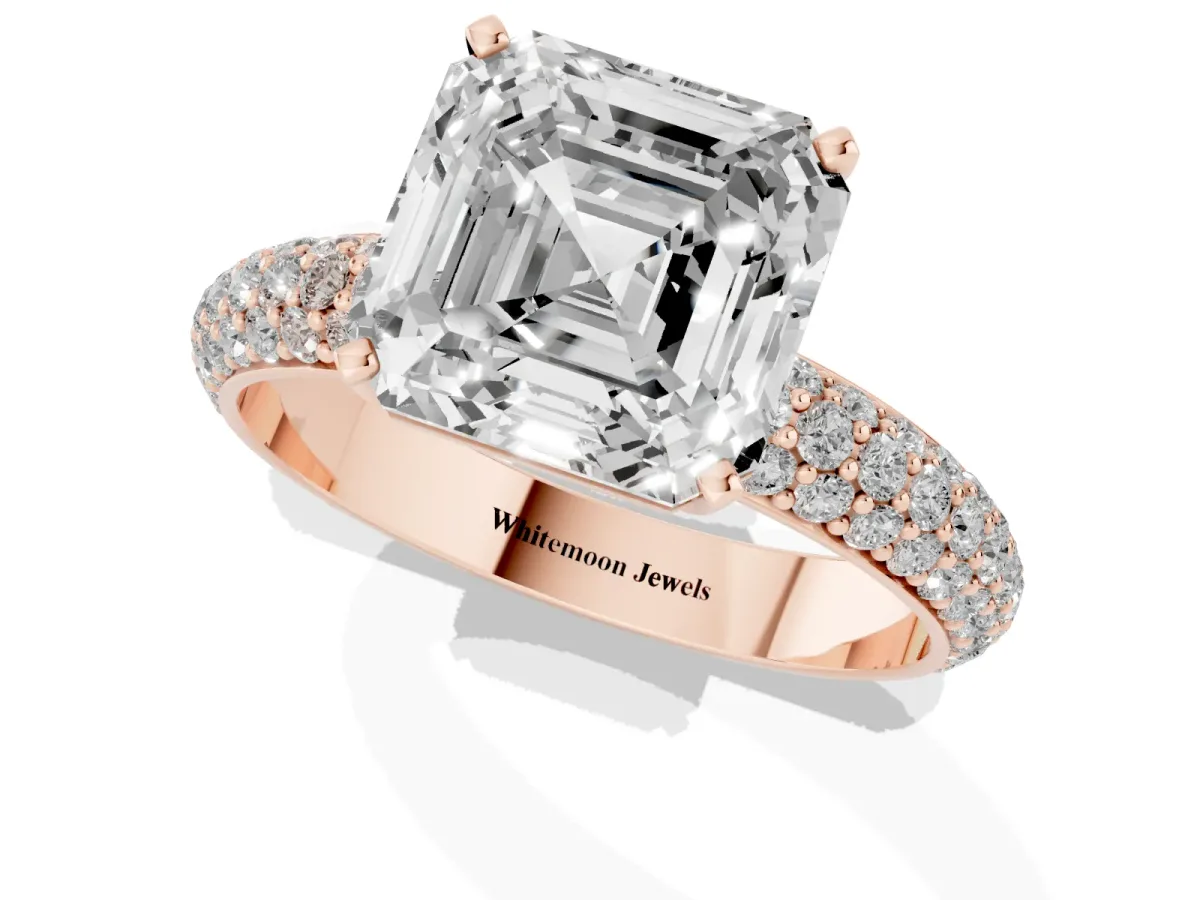 Asscher Cut Diamond Solitaire Ring with Prong Setting and Pavé Band Rose gold