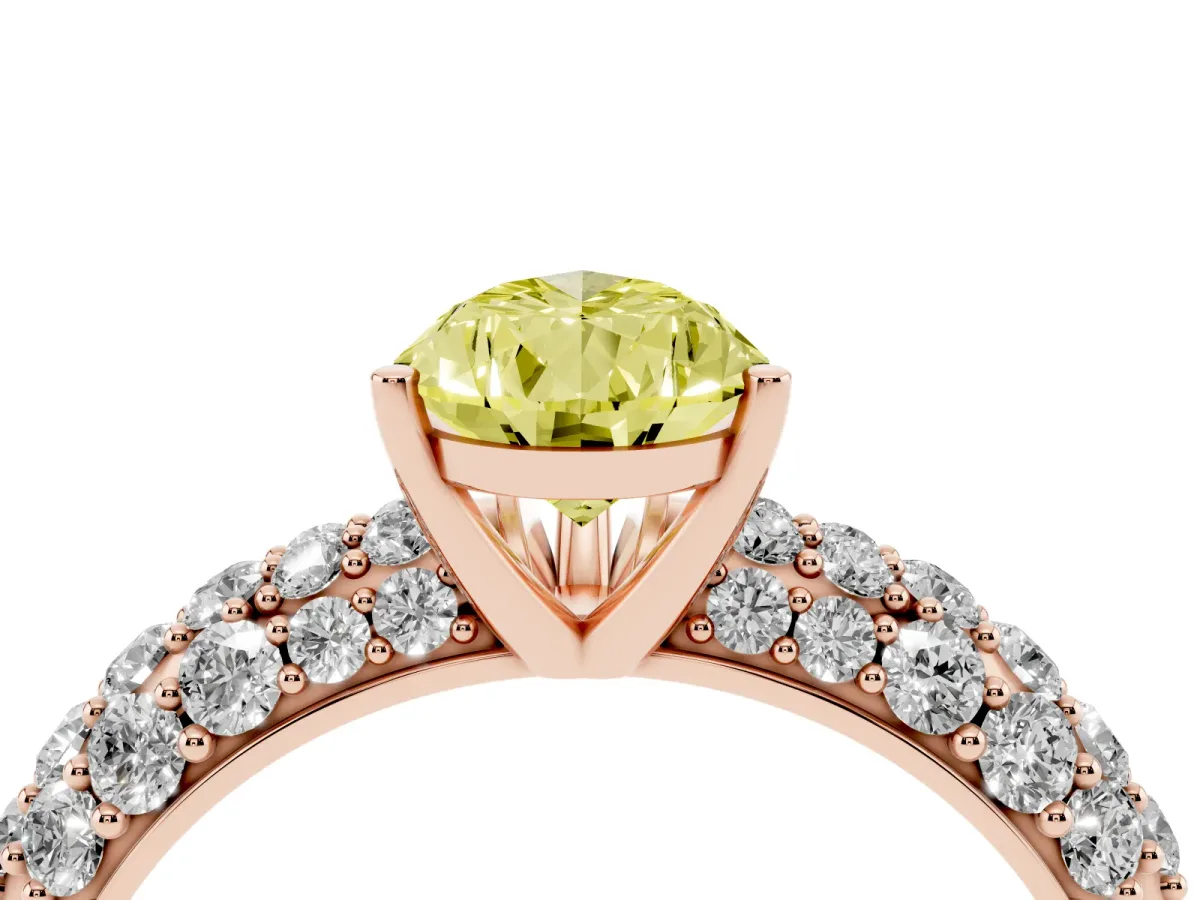 Fancy Yellow Pear Cut Diamond Pavé Band Solitaire Ring with Four-Prong Setting Rose gold