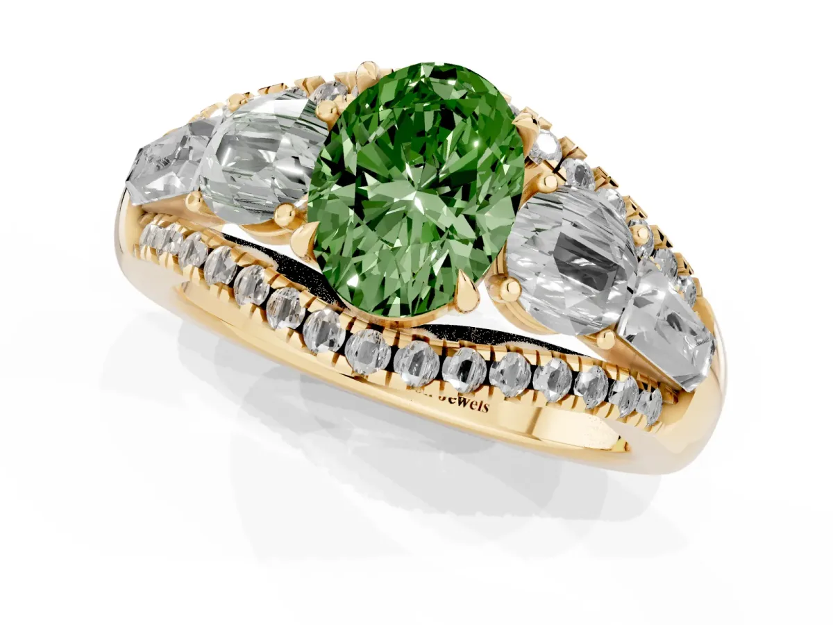 Fancy Green Three-Stone Oval Cut Diamond Engagement Ring with Pave Band and Prong Setting Yellow gold