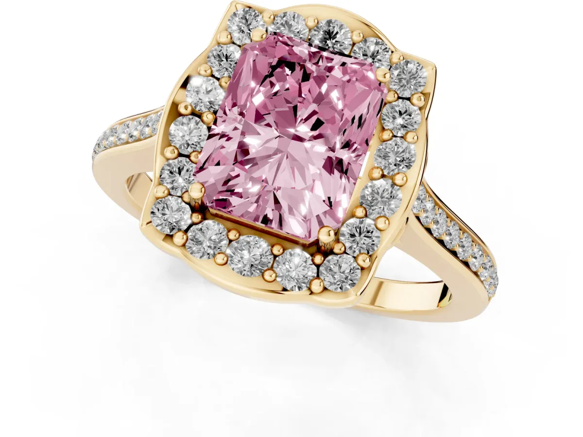 Fancy Pink Radiant Cut Halo Round Diamond Pave Band with Four-Prong Setting Yellow gold