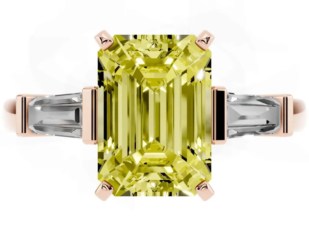 Fancy Yellow Emerald Cut Cut Diamond Solitaire Ring with Tapered Baguette Accents and Four-Prong Setting Rose gold