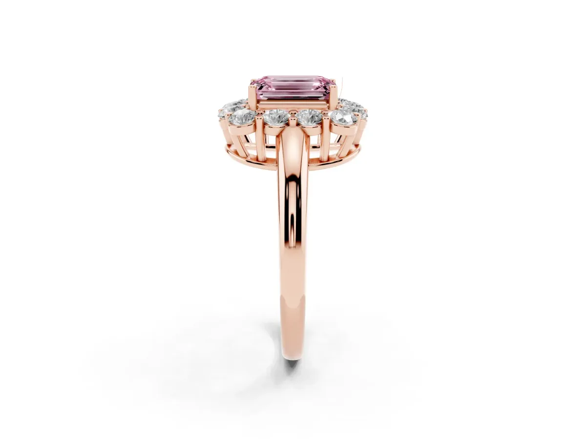 Fancy Pink Emerald Cut Halo Cluster Diamond Engagement Ring with Prong Setting and Polished Band Rose gold