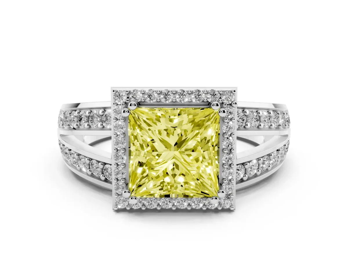 Fancy Yellow Princess Cut Diamond Halo Ring with Split Shank Pavé Band and Four-Prong Setting Platinum