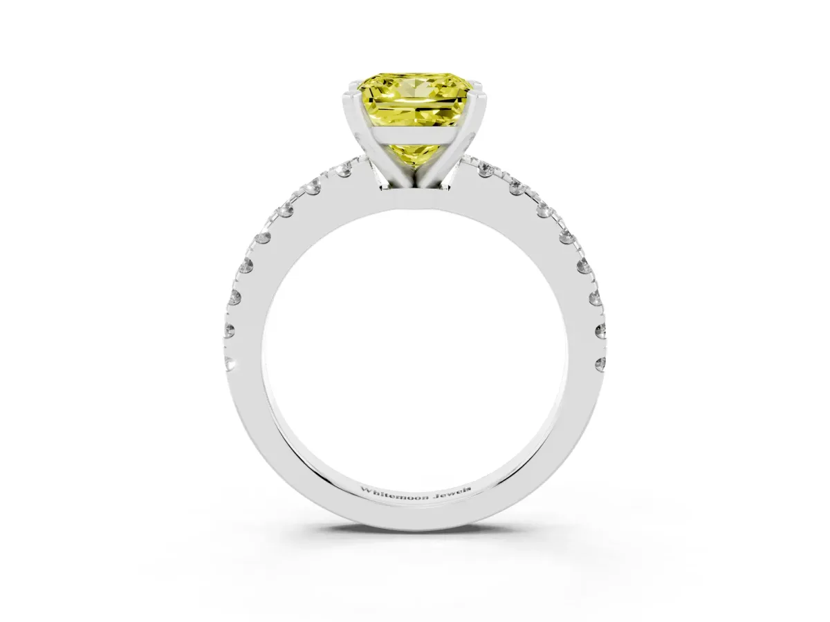 Fancy Yellow Princess Cut Solitaire Diamond with Pavé Band and Four-Prong Setting Platinum