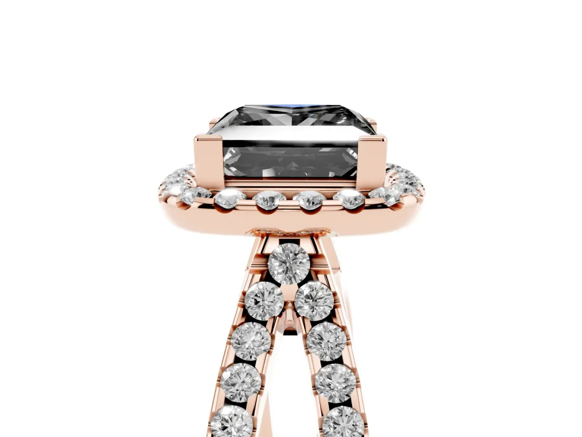 Fancy Black Princess Cut Diamond Halo Ring with Split Shank Pavé Band and Prong Setting Rose gold