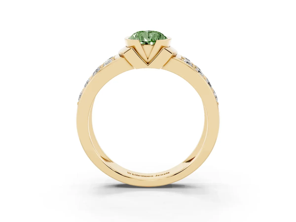Fancy Green Pear Cut Brilliant Diamond Channel Set Wide Band Ring with Bezel Setting Yellow gold