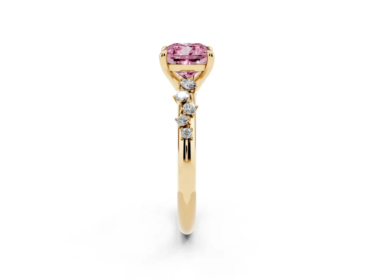 Fancy Pink Cushion Cut Cut Diamond Vine Band with Four-Prong Setting Yellow gold