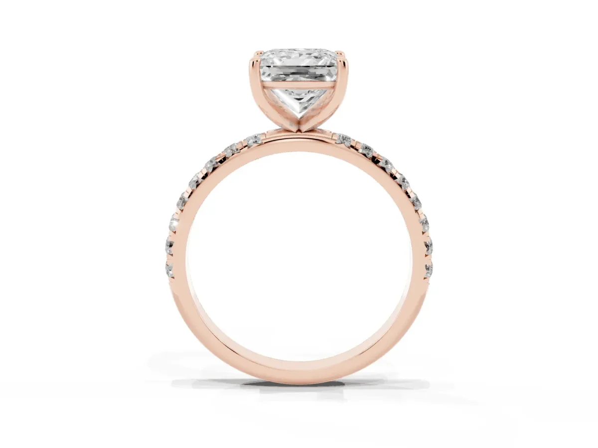 Princess Cut Cut Diamond Solitaire Ring with Micro Pave Band and Four Prong Setting Rose gold