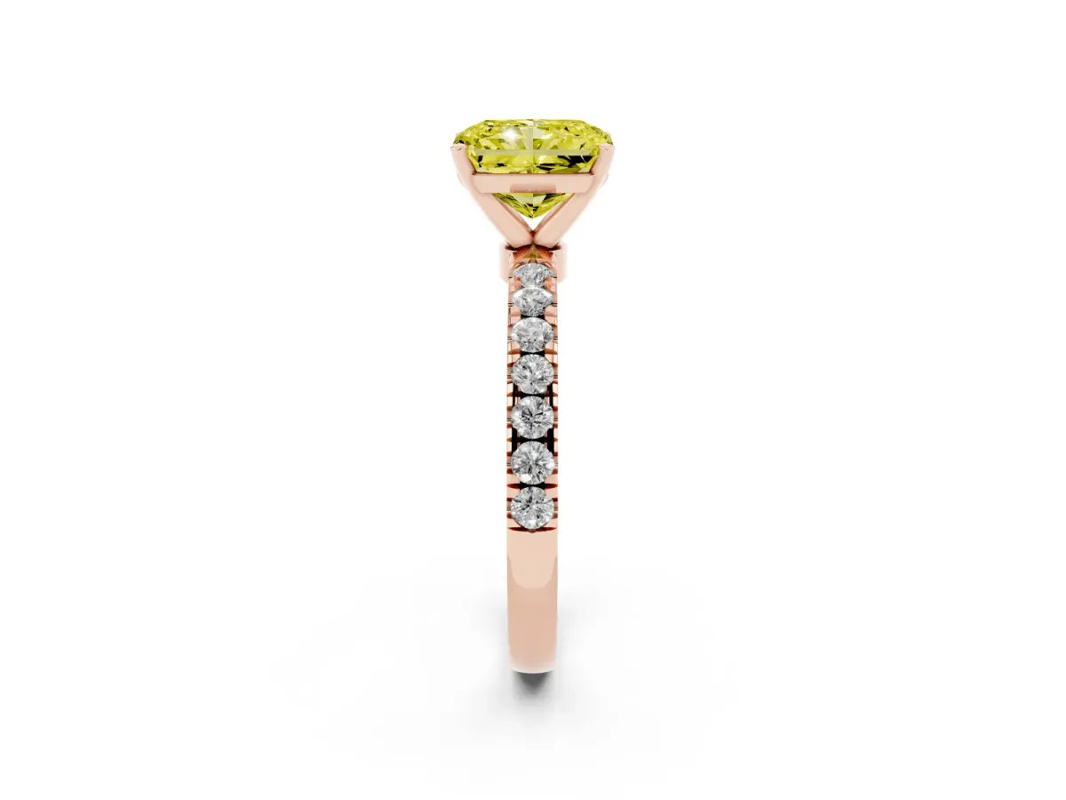Fancy Yellow Radiant Cut Diamond Solitaire Ring with Pavé Accents and Four-Prong Setting Rose gold