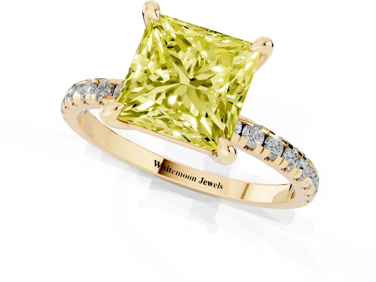 Fancy Yellow Princess Cut Diamond Brilliant Solitaire Ring with Pavé Band and Four-Prong Setting Yellow gold