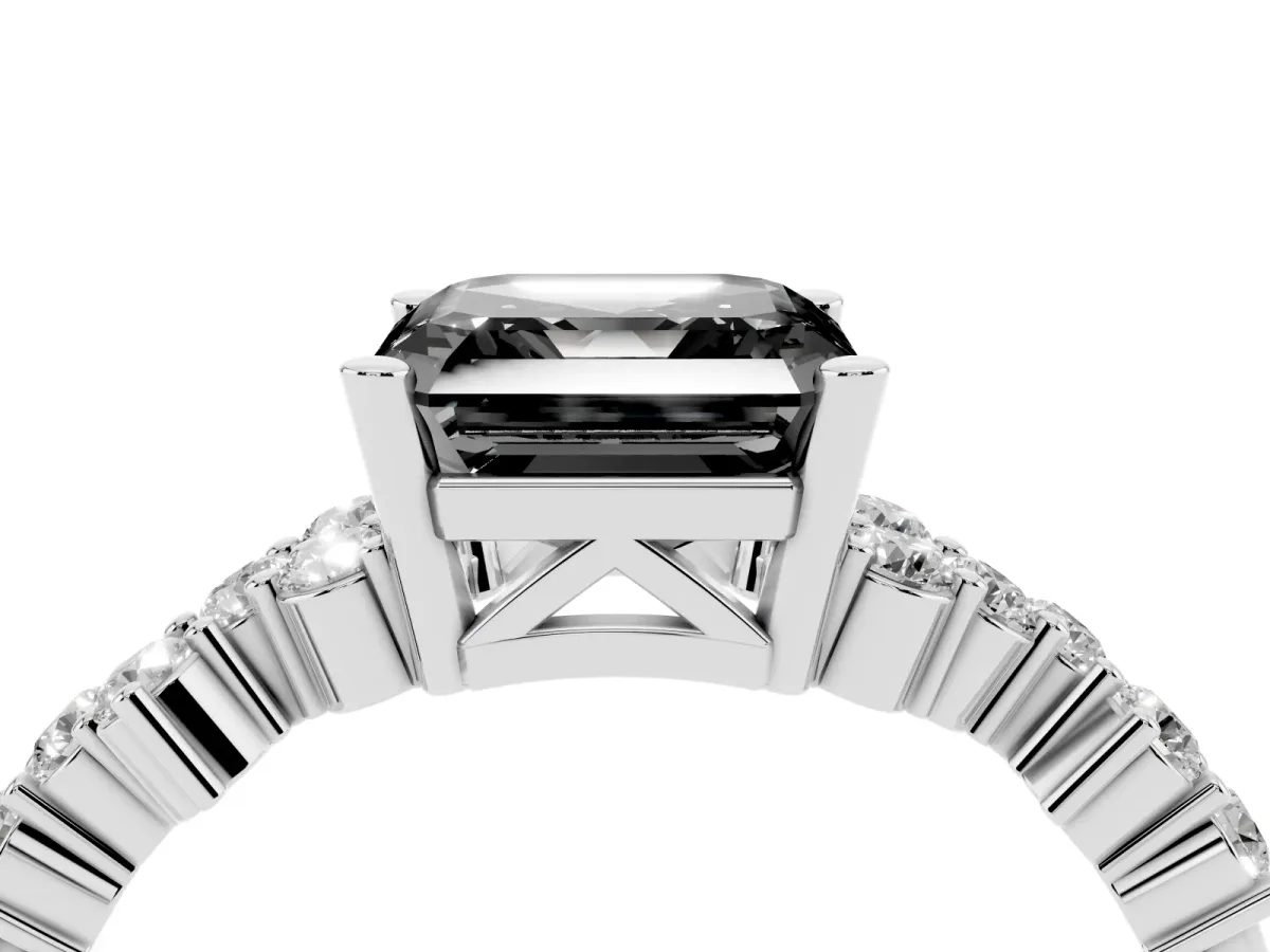 Fancy Black Asscher Cut Diamond Scattered Round Accent Ring with Prong Setting Silver