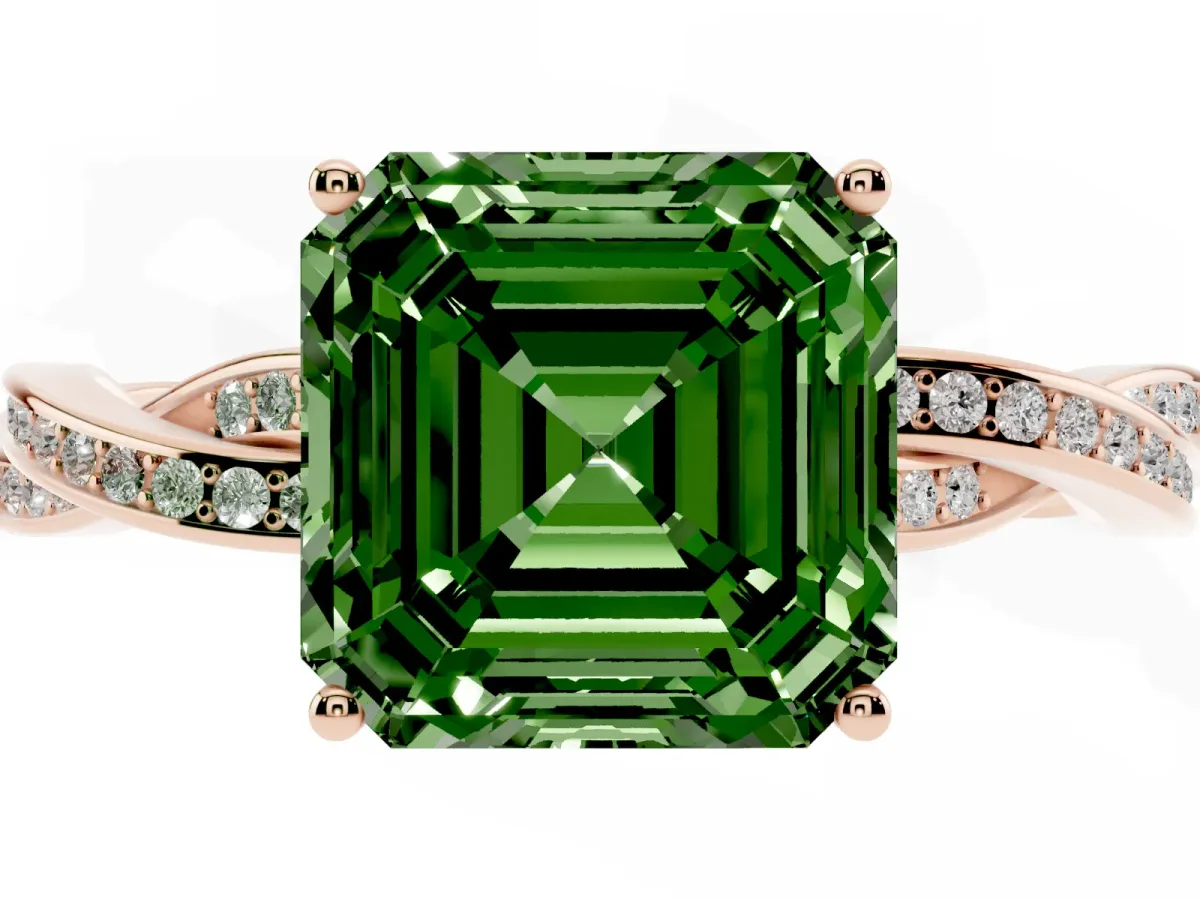 Fancy Green Asscher Cut Solitaire Twisted Pave Diamond Ring with Four-Prong Setting Rose gold