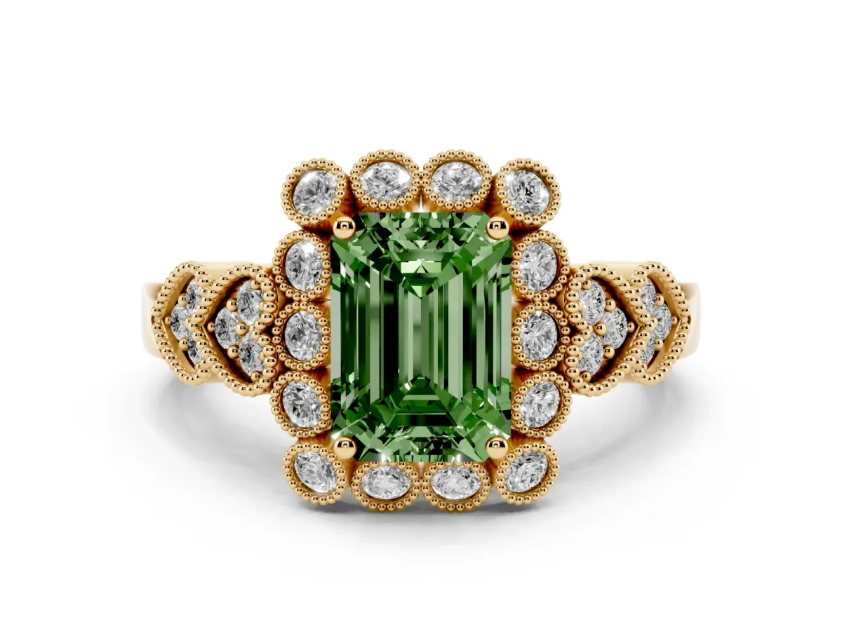Fancy Green Emerald Cut Brilliant Milgrain Pave Heart Band Solitaire Ring Yellow gold
