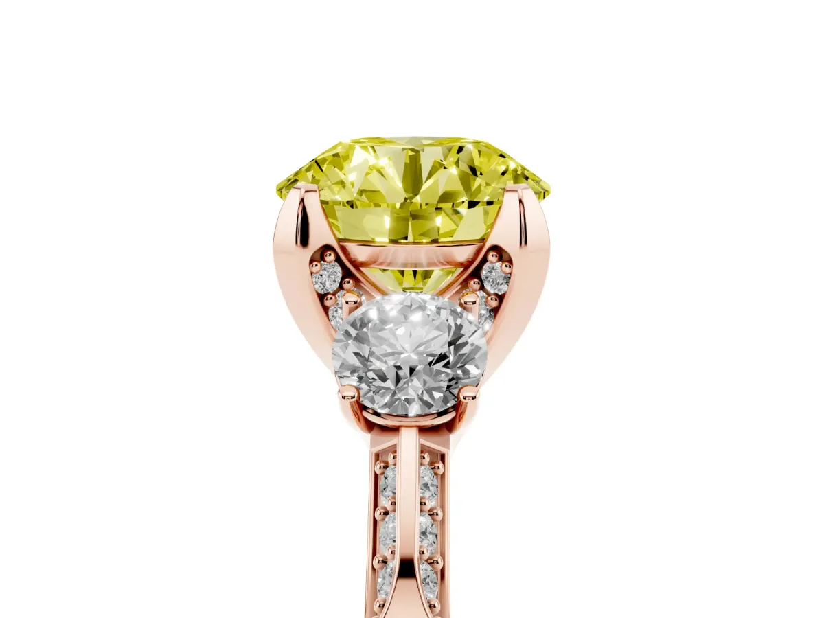 Fancy Yellow Round Cut Brilliant Three-Stone Diamond Ring with Pavé Band and Four-Prong Setting Rose gold