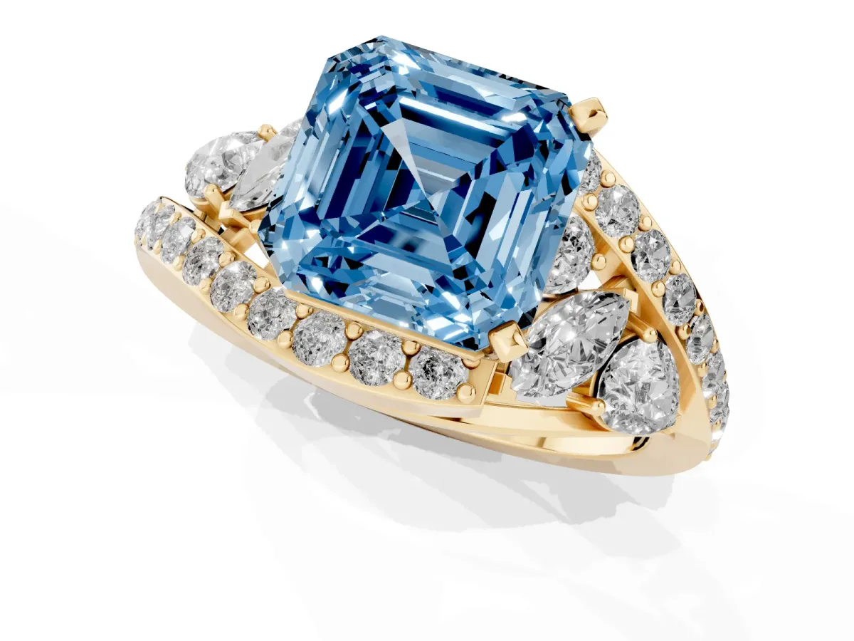 Fancy Blue Asscher Cut Diamond Halo Ring with Marquise and Pavé Band in Prong Setting Yellow gold