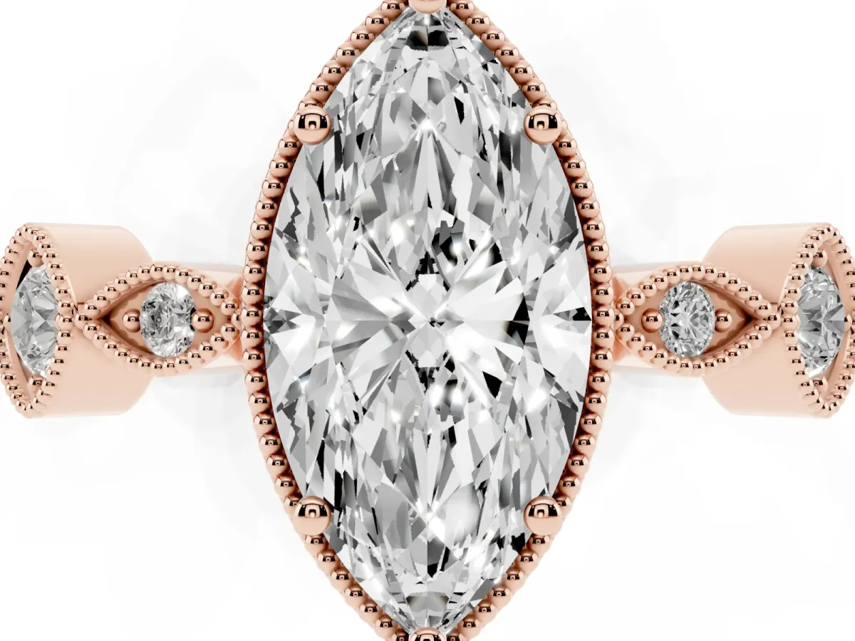 Marquise Cut Diamond Vintage Milgrain Ring with Round Stations Rose gold