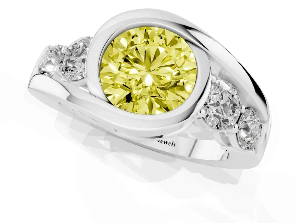 Fancy Yellow Bezel Set Round Cut Diamond Bypass Ring with Round Accents Silver