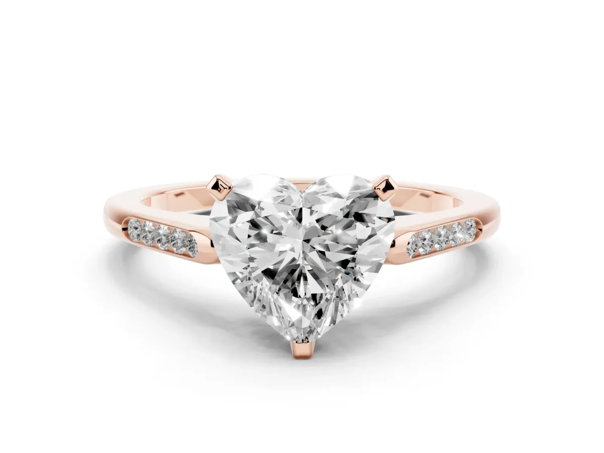 Heart Cut Diamond Solitaire Ring with Channel Set Round Band and Prong Setting Rose gold