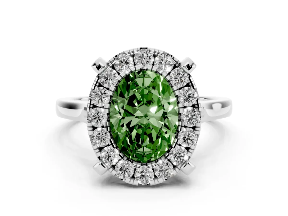 Fancy Green Oval Cut Diamond Cluster Halo Solitaire with Four-Prong Setting Platinum