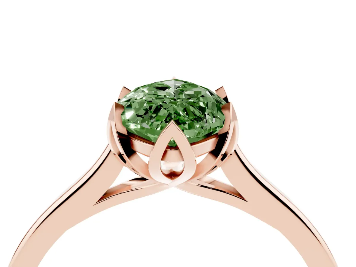 Fancy Green Marquise Cut Diamond Solitaire Ring with Flower Prong Setting and Classic Band Rose gold