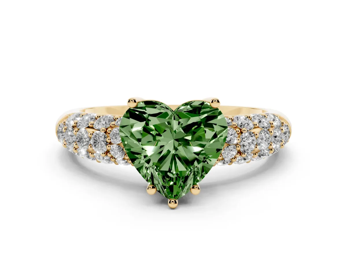 Fancy Green Heart Cut Diamond Pavé Band Solitaire Ring with Four-Prong Setting Yellow gold