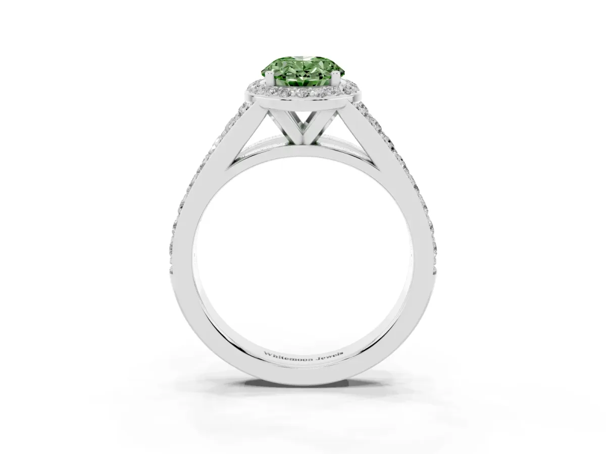 Fancy Green Oval Cut Diamond Split Shank Halo Ring with Four-Prong Setting Silver
