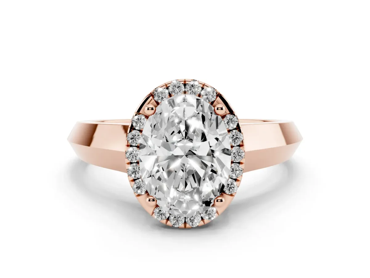 Oval Cut Halo Diamond Ring with Cathedral Band and Four-Prong Setting Rose gold