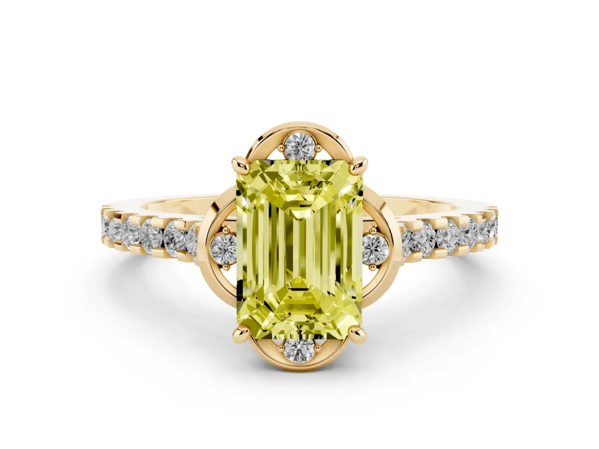 Fancy Yellow Emerald Cut Diamond Ring with Pavé Band and Floral Prong Setting Yellow gold