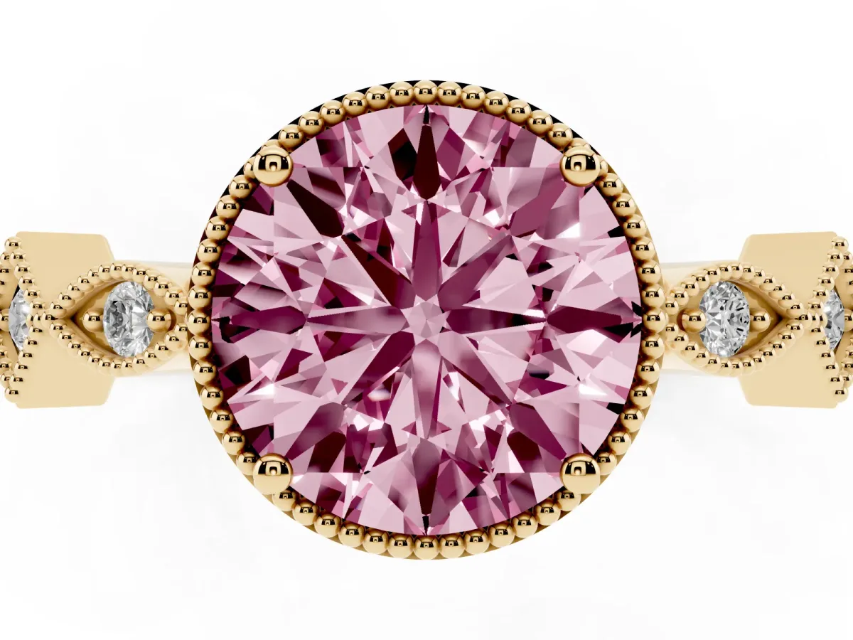 Fancy Pink Round Cut Milgrain Marquise Diamond Twist Band Ring Yellow gold