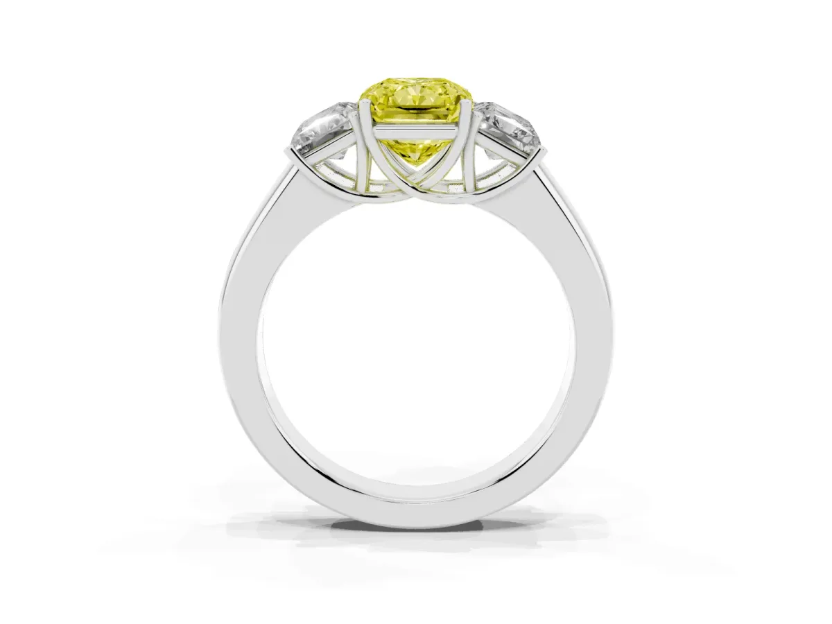 Fancy Yellow Three-Stone Radiant Cut Cut Diamond Ring with Prong Setting and Classic Band Silver