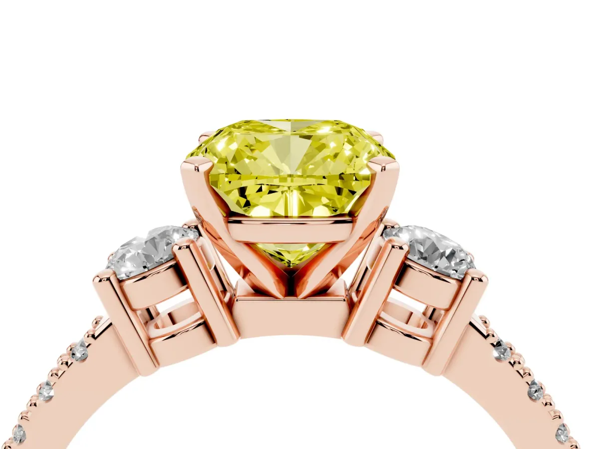 Fancy Yellow Cushion Cut Three-Stone Diamond Pavé Band with Prong Setting Rose gold