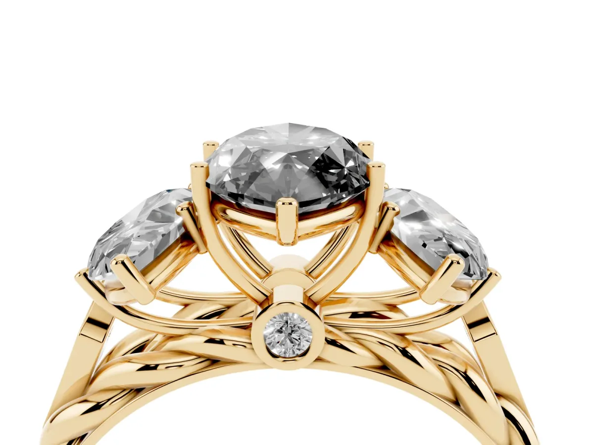 Fancy Black Three-Stone Marquise Cut Diamond Braided Band Ring with Four-Prong Setting Yellow gold
