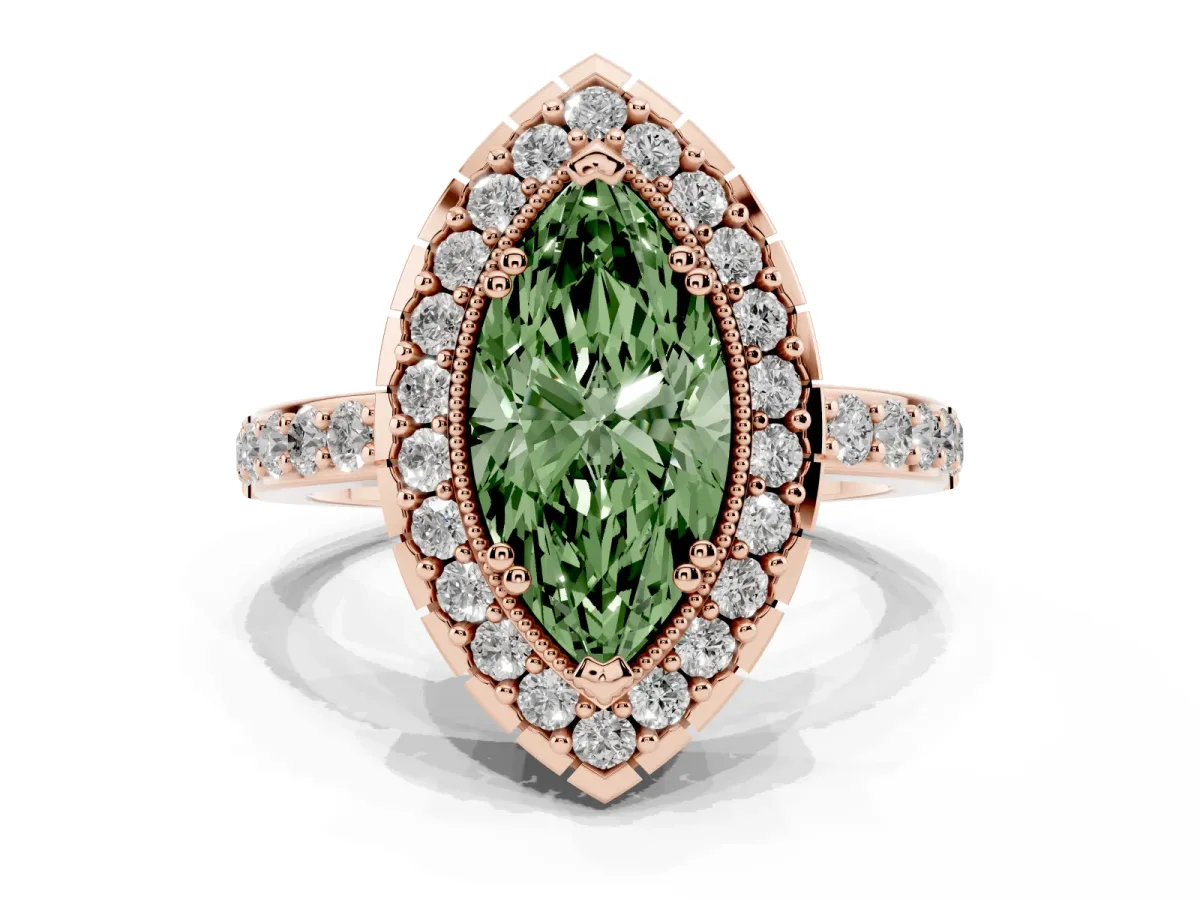 Fancy Green Marquise Cut Diamond Halo Ring with Pavé Band and Prong Setting Rose gold