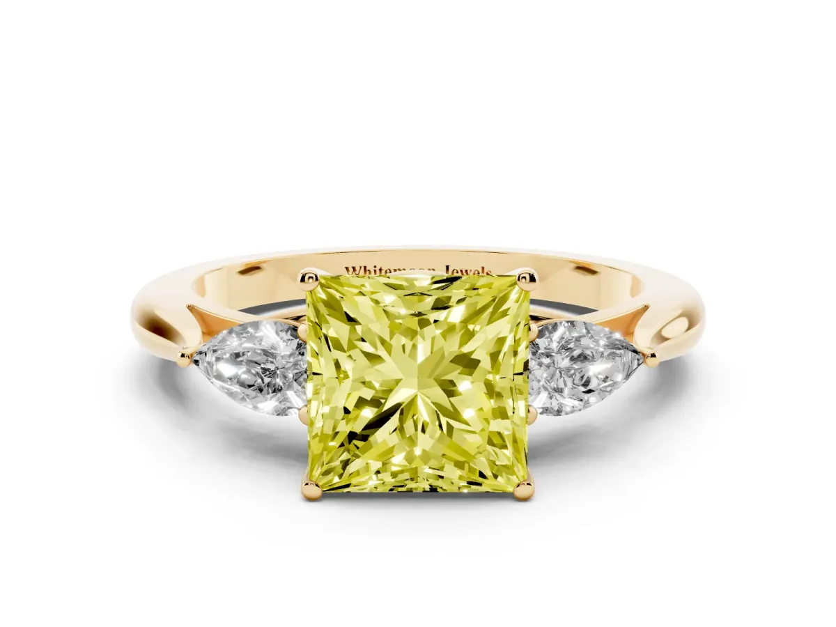 Fancy Yellow Three-Stone Princess Cut Brilliant Diamond Solitaire Ring with Tapered Band and Four-Prong Setting Yellow gold